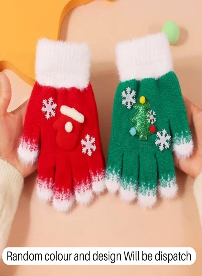 Tera13 TERA 13 Christmas Gloves With Festive Santa Claus And Snowflakes Design, Ultra-Soft Knit Material, Seasonal & Party Favour, Winter Gloves For Kids, Perfect For 5-12 Years, Xmas Return Gift (1 Pair) - Image 2